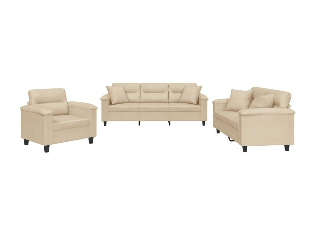 3-piece sofa set with cushions, cream microfiber fabric HLMF72863