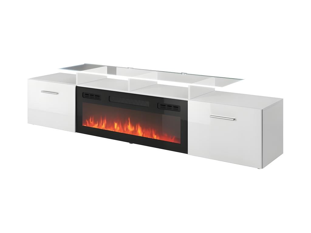 High-gloss white TV stand 190x49x37cm with integrated heating fireplace, Dormeva, freestanding, JMYL52874