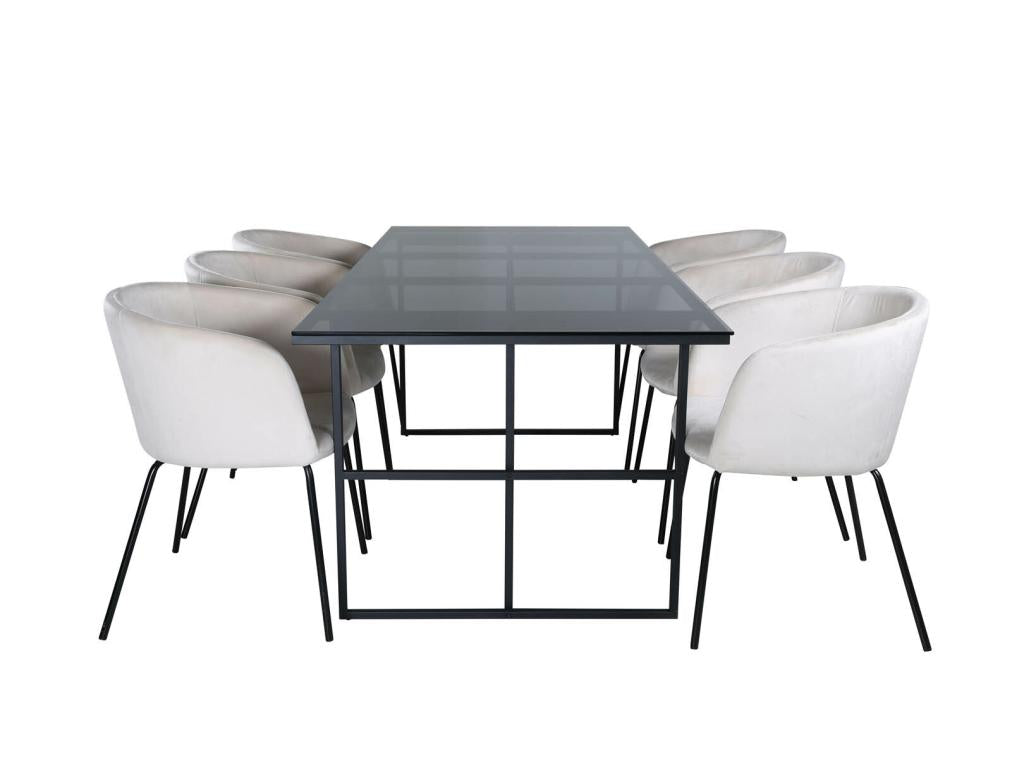 Lysvia set: smoked glass table and 6 Lysvia chairs in beige velvet EFVR27611
