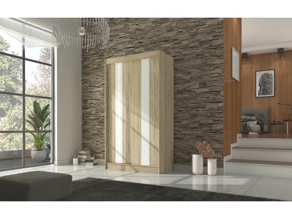 Lysvia bedroom wardrobe with sliding doors in light matte wood and white lacquer - 3 sizes - Width 120 cm FNMT72760