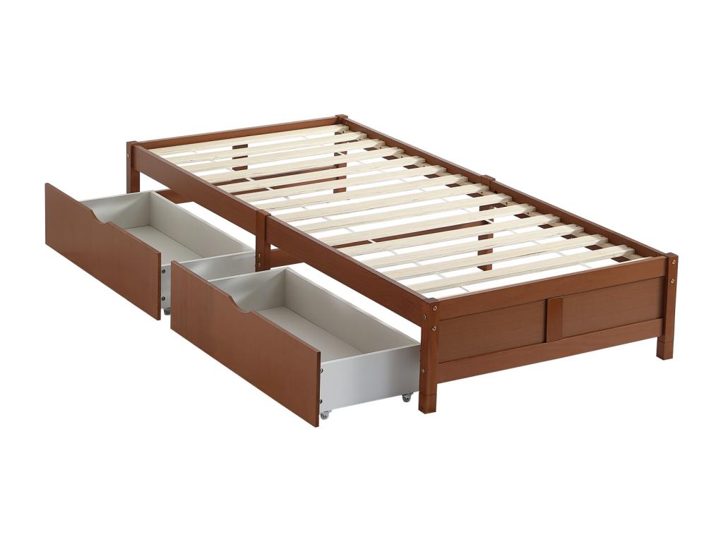 Children's bed 90x200cm vintage wood color with two drawers on a Lysvia slatted base, sturdy reddish-brown pine NZJZ69767