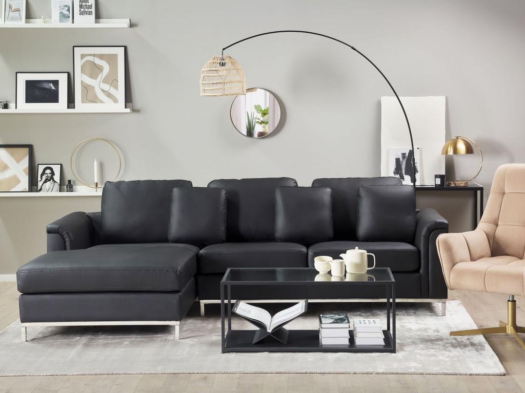 Left-hand corner sofa in genuine black leather with quilted backrest and removable covers, Lysvia LSXS35744