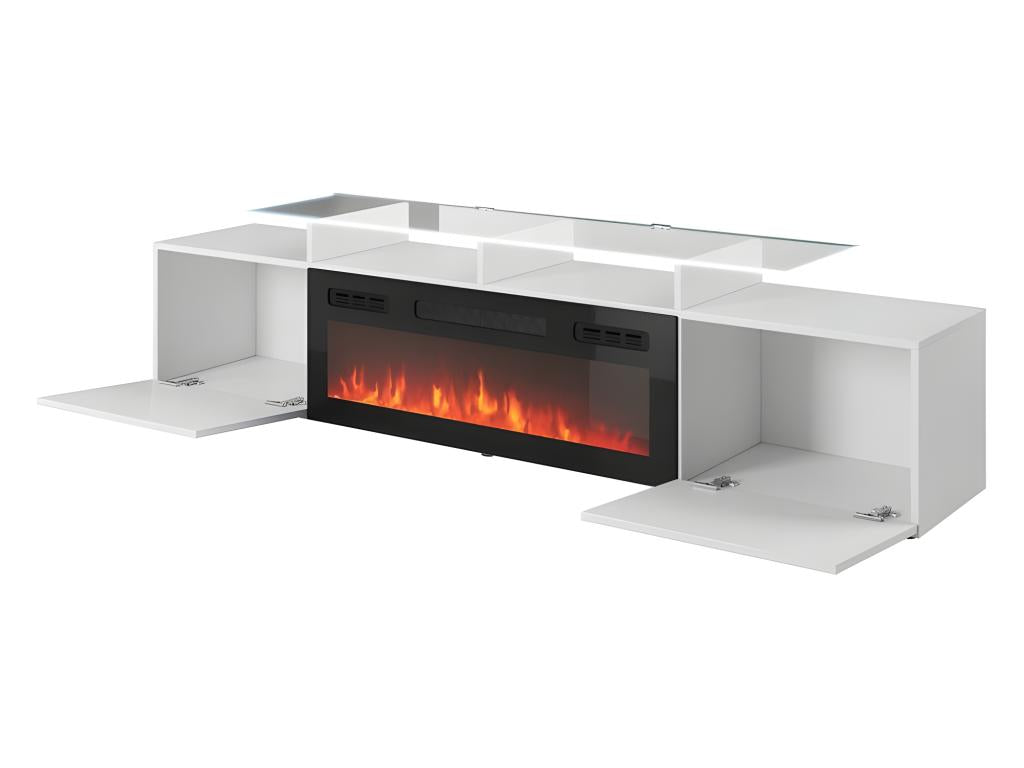 High-gloss white TV stand 190x49x37cm with integrated heating fireplace, Dormeva, freestanding, JMYL52874