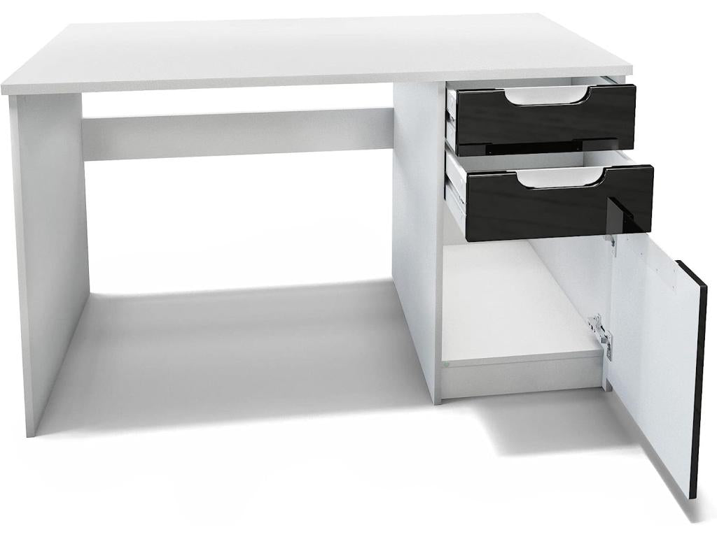 Desk with 2 Drawers and a Door, Matte White and High Gloss Black, 129x76x60 cm, YLIM05549