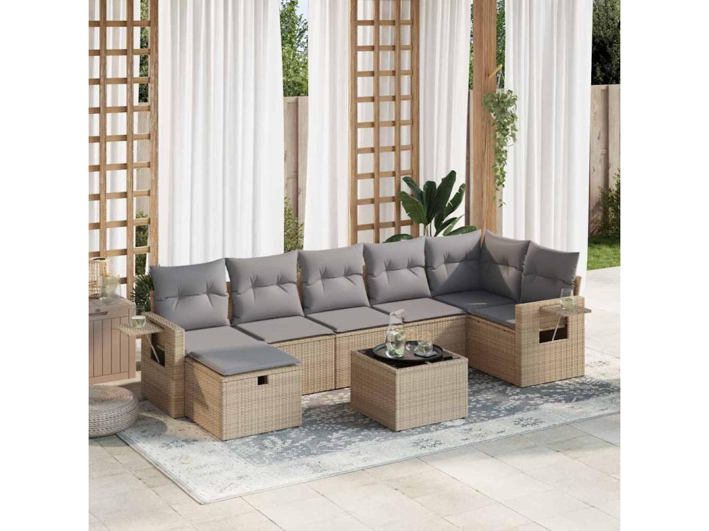 8-piece garden furniture set with cushions, beige woven resin, LOCA37352