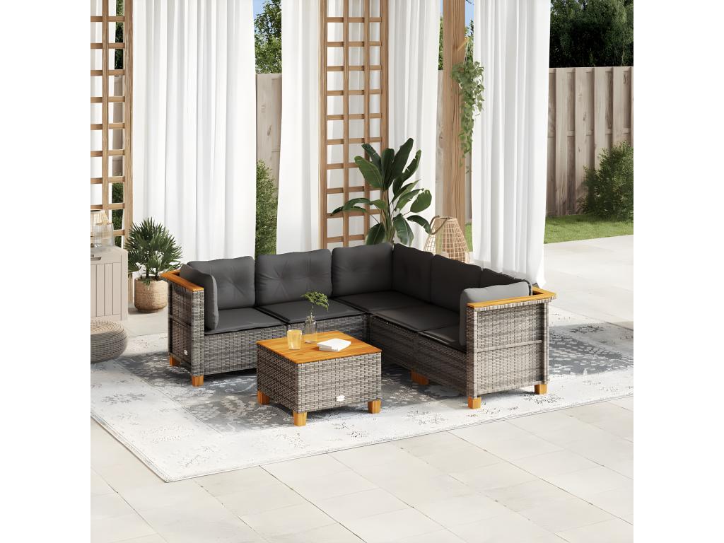 6-piece garden furniture set with grey resin wicker cushions FYQU94108
