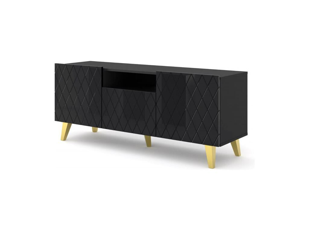 Lysvia TV stand with 3 doors, 1 wooden niche and black legs - Glossy black - W 145 x D 42 x H 62 cm EWAJ74216