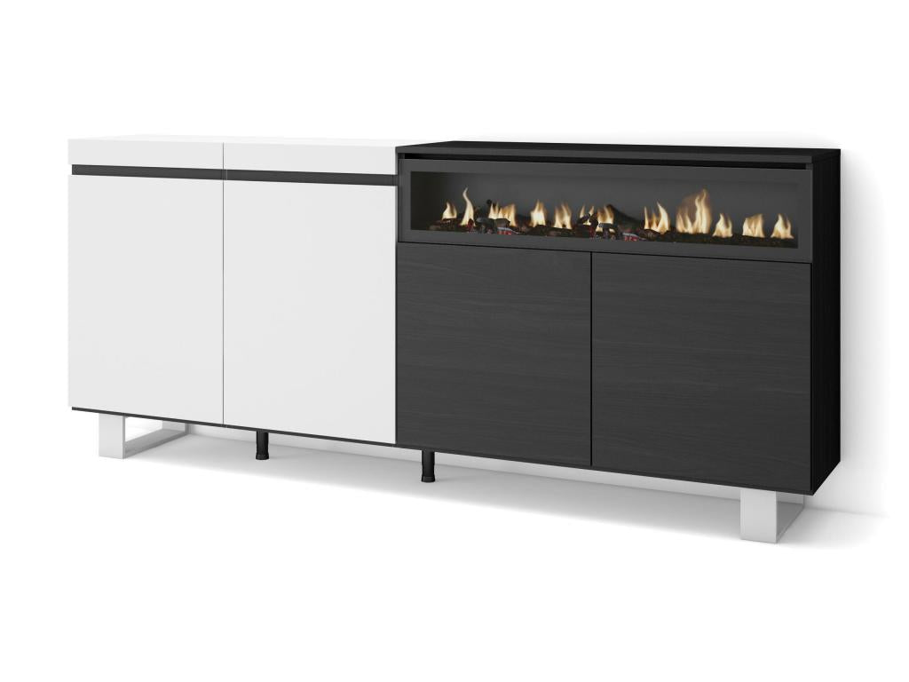 Sideboard for living room and kitchen, 200x87x35cm, with electric fireplace, industrial design, white and black, OPLQ68287