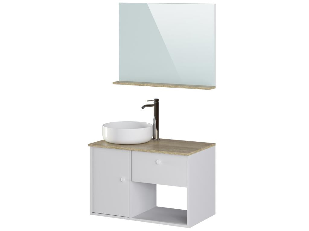 Bathroom cabinet in oak and white melamine - Length 80 x Depth 46 x Height 63 cm PLZU37754