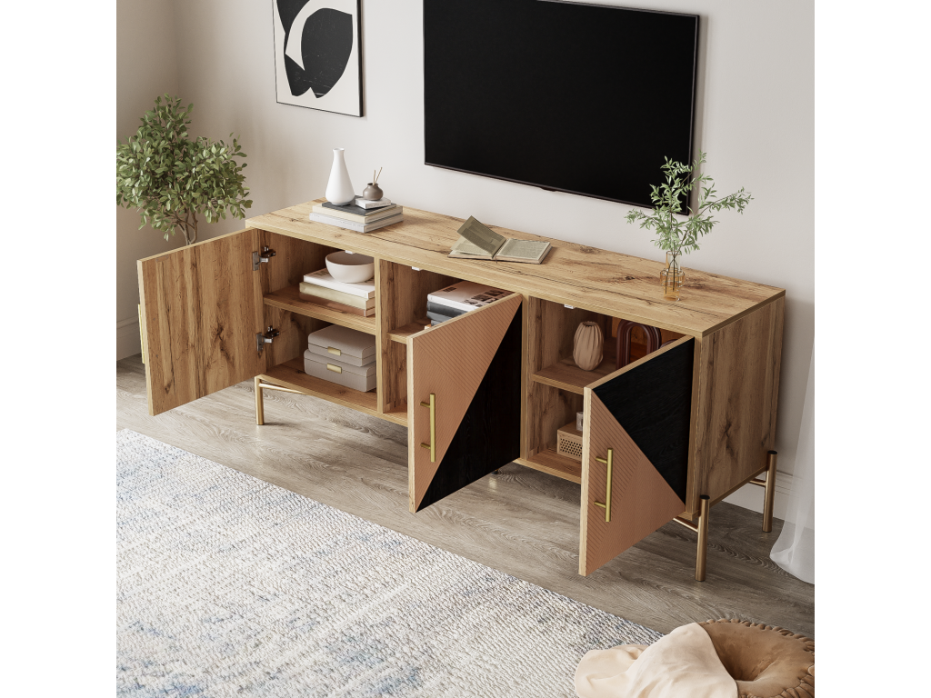 123cm TV Stand - 3 Storage Doors, Adjustable Shelves with Gold Handles and Feet - Rustic Wood and Black DWAT31124