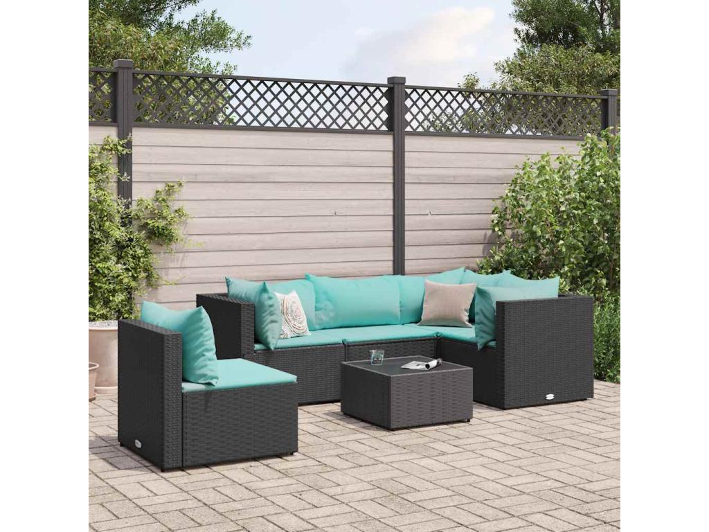 6-piece garden furniture set with cushions, black woven resin, WECE82723