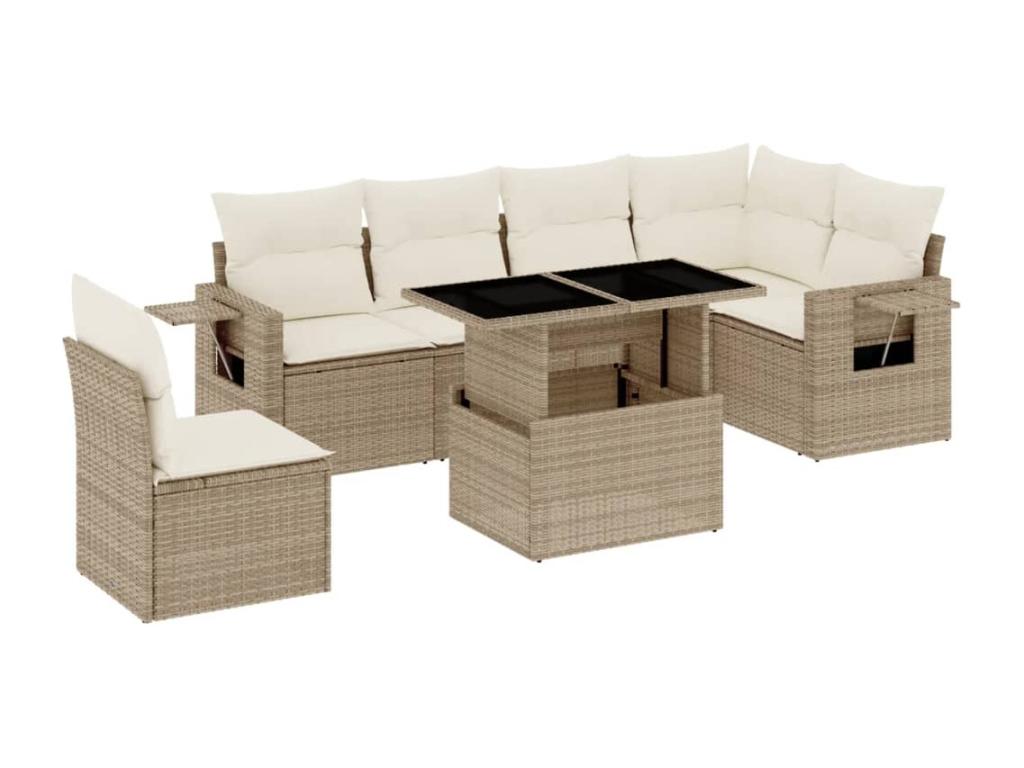 7-piece garden furniture set with cushions, beige woven resin ORZM25441