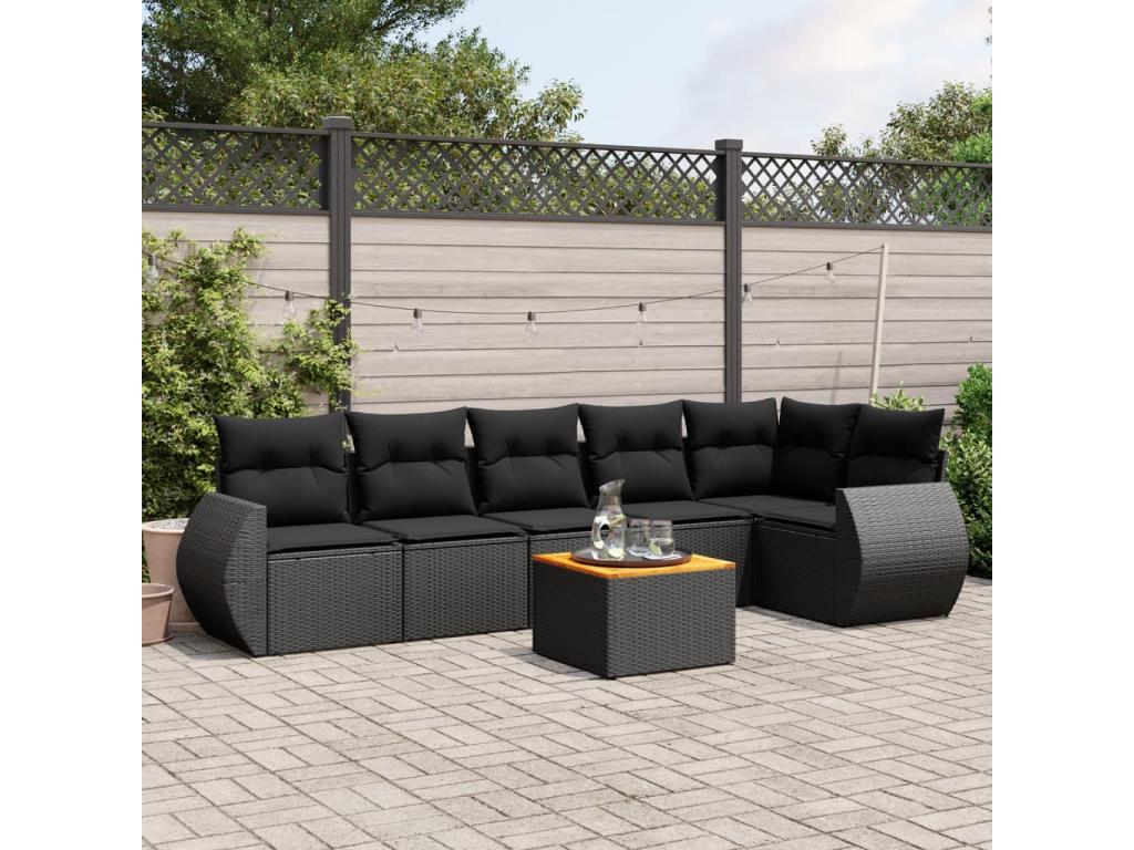 7-piece garden furniture set with cushions, black woven resin, ITCI31414