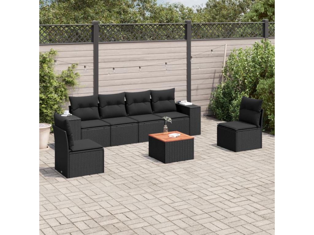 7-piece garden furniture set with cushions, black resin wicker QDWL73121