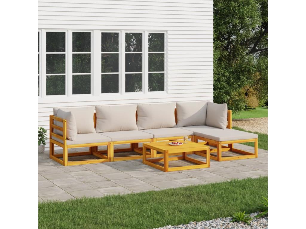 6-piece garden furniture set with light grey cushions, solid wood FJVC86212