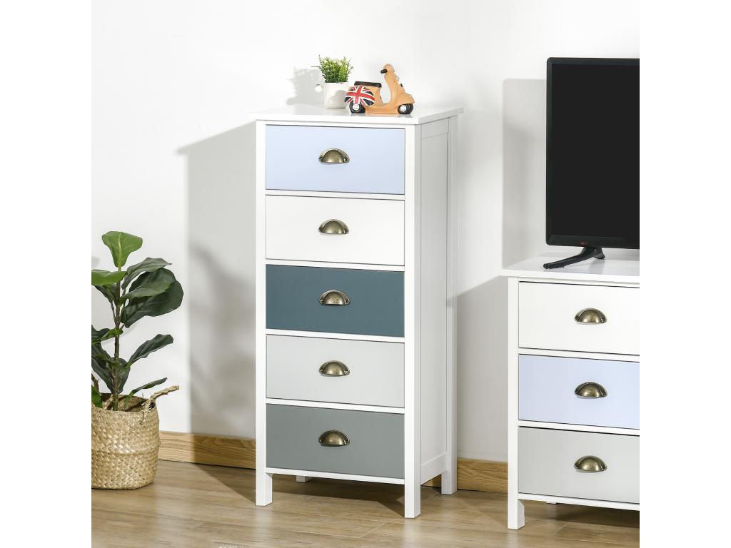 Neo-retro style chest of drawers with 5 drawers, shell handles, white, blue, and grey MDF OYHQ87891