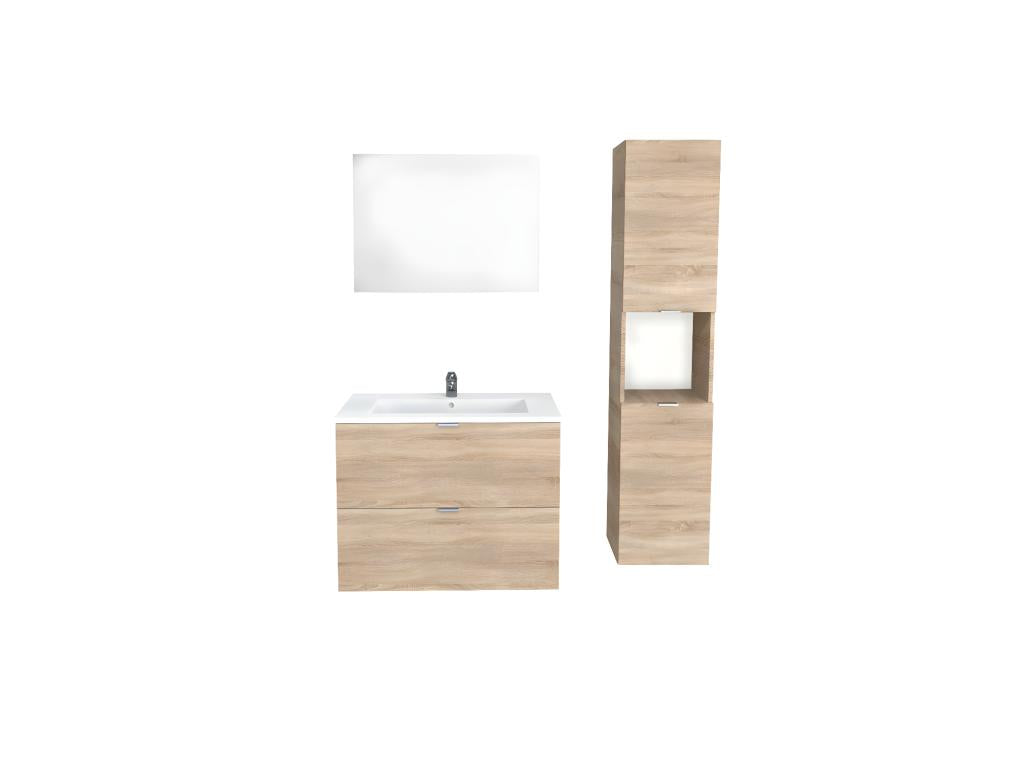Dormeva 80cm vanity unit with sink, mirror, and column / Whitewashed Oak finish STHG41713