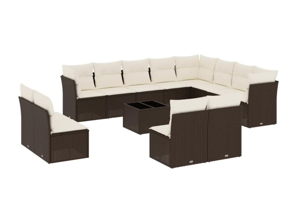 13-piece garden furniture set with cushions, brown woven resin WLJN70784