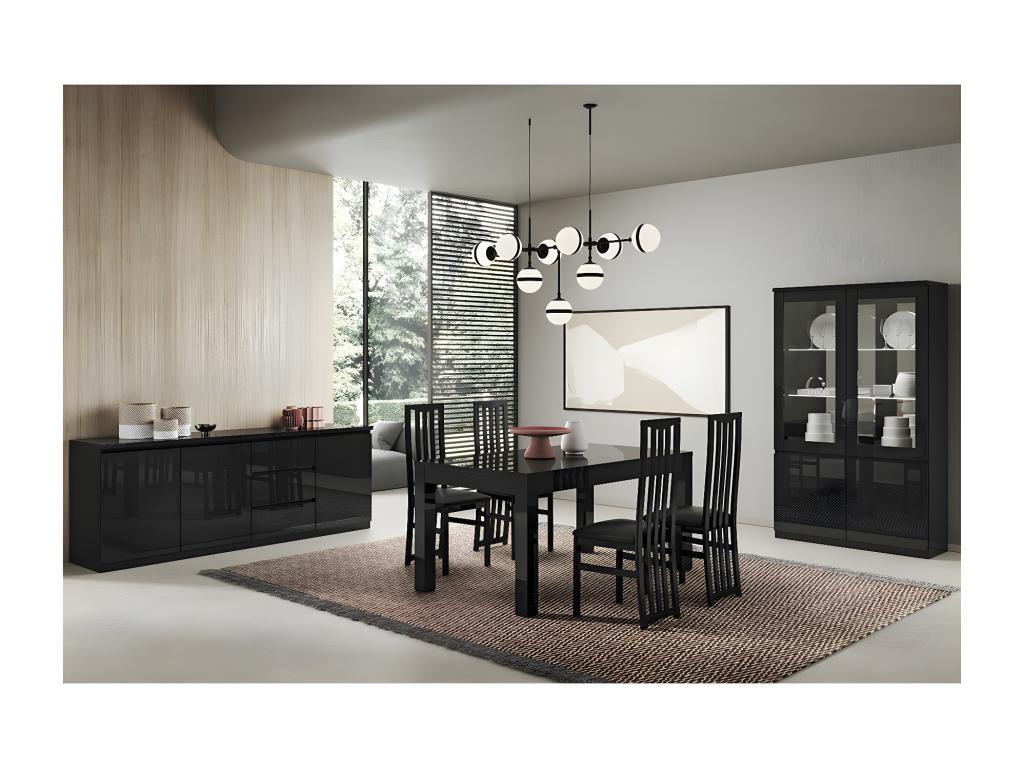 Lysvia - Complete Black Lacquered Living Room Set with 160cm Table, Sideboard, and Display Cabinet with LEDs QFCZ64833