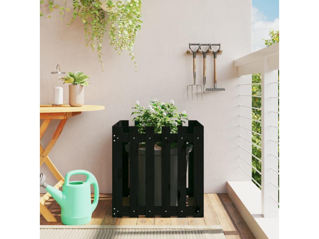 Planter with black fence design, 60x60x60 cm, solid pine, WBZT26526
