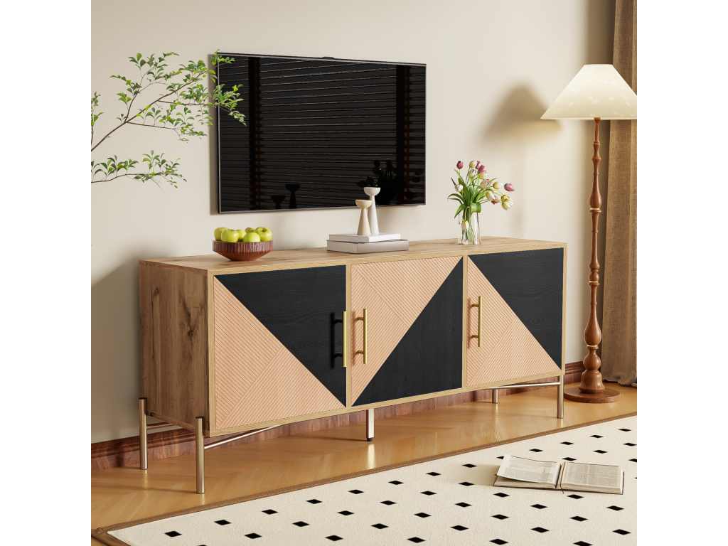 123cm TV Stand - 3 Storage Doors, Adjustable Shelves with Gold Handles and Feet - Rustic Wood and Black DWAT31124