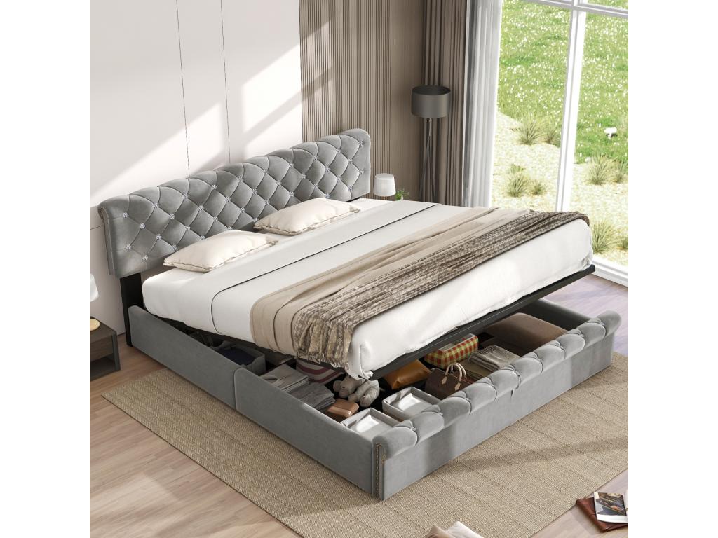 single bed 180x200 with height-adjustable headboard in grey snowflake velvet ASWT97162