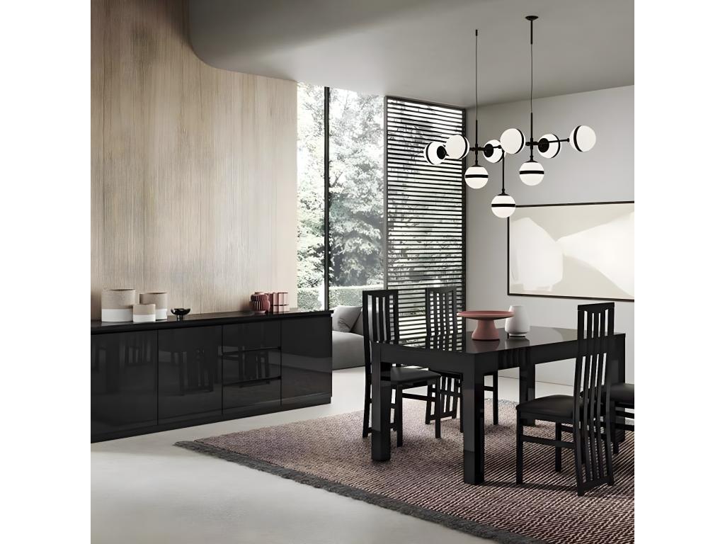Lysvia - Complete Black Lacquered Living Room Set with 160cm Table, Sideboard, and Display Cabinet with LEDs QFCZ64833