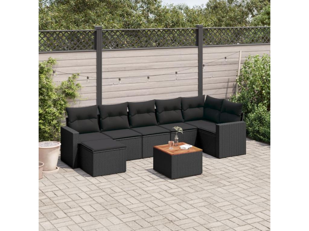 8-piece garden furniture set with cushions, black woven resin GAUS53233