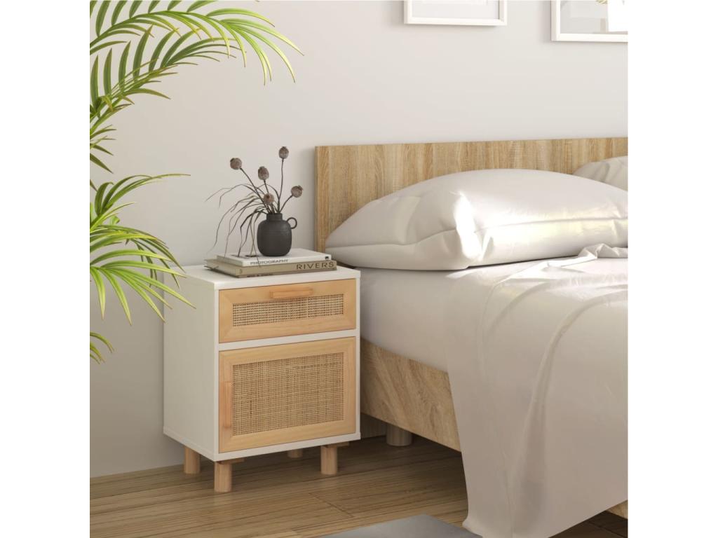 2-Piece Bedside Tables, White, Solid Pine Wood and Natural Rattan KHJM50367