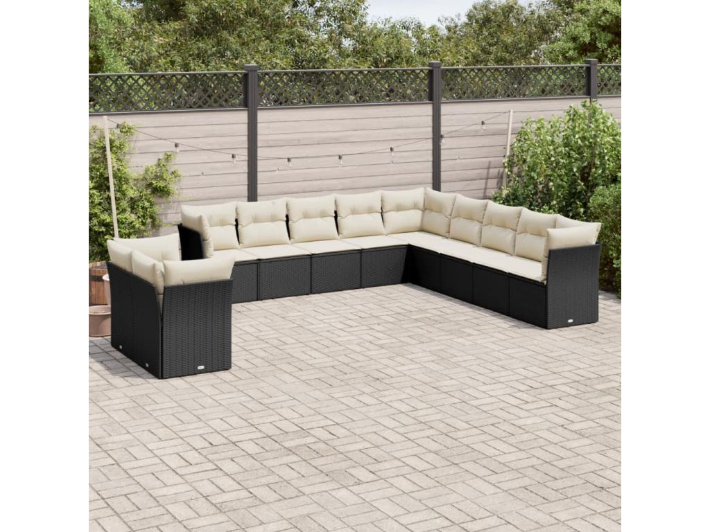11-piece garden furniture set with cushions, black woven resin POTP40419