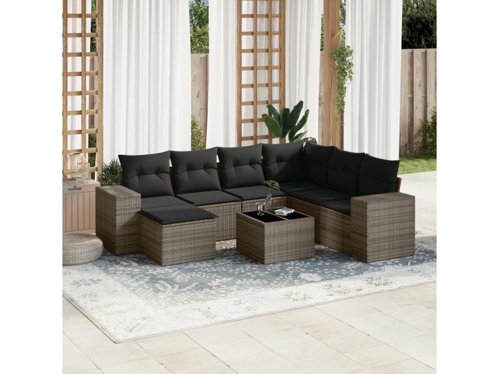 8-piece garden furniture set with grey resin wicker cushions SXNC57928