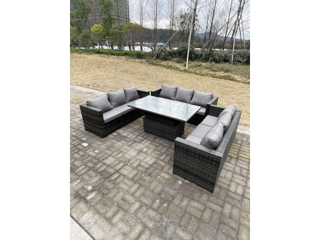 9-Seater Rattan Garden Furniture Set with Height-Adjustable Dining Table and 3-Seater Sofa, MéDormeva Dark Grey ZUNC55431