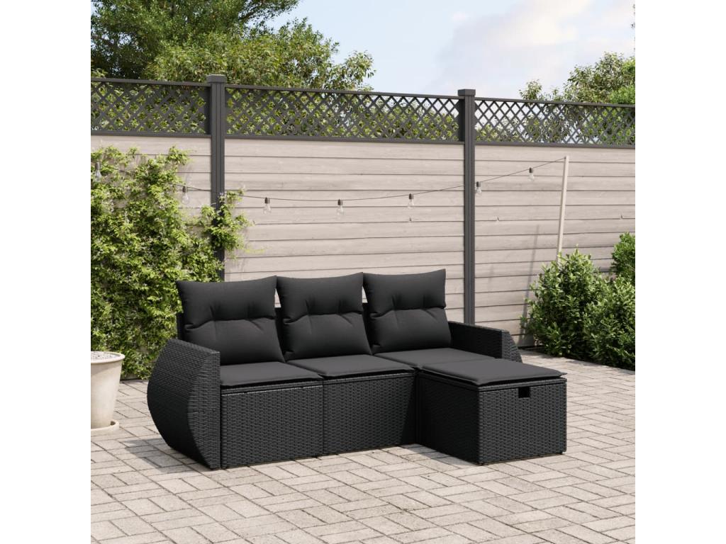 4-piece garden furniture set with cushions, black woven resin DASL09202